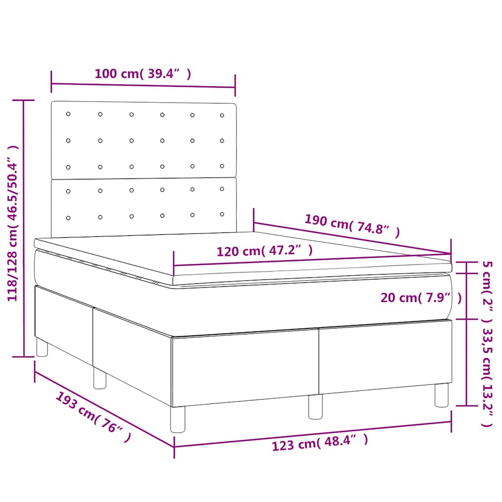 vidaXL Κρεβάτι Boxspring με Στρώμα & LED Σκ. Μπλε 120x190εκ. Βελούδινο