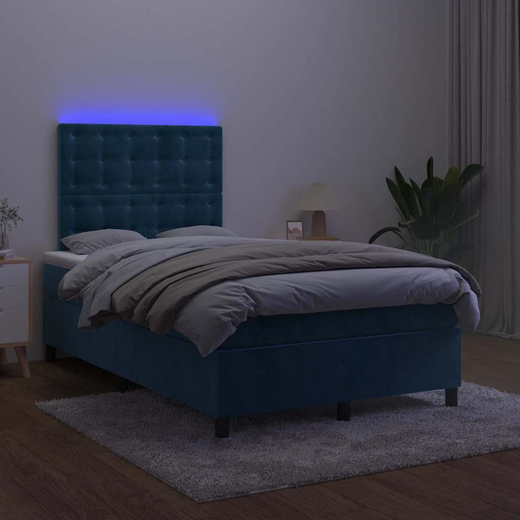 vidaXL Κρεβάτι Boxspring με Στρώμα & LED Σκ. Μπλε 120x190εκ. Βελούδινο