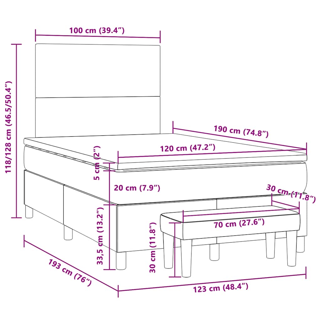 vidaXL Κρεβάτι Boxspring με Στρώμα Ανοιχτό Γκρι 120x190 εκ. Βελούδινο