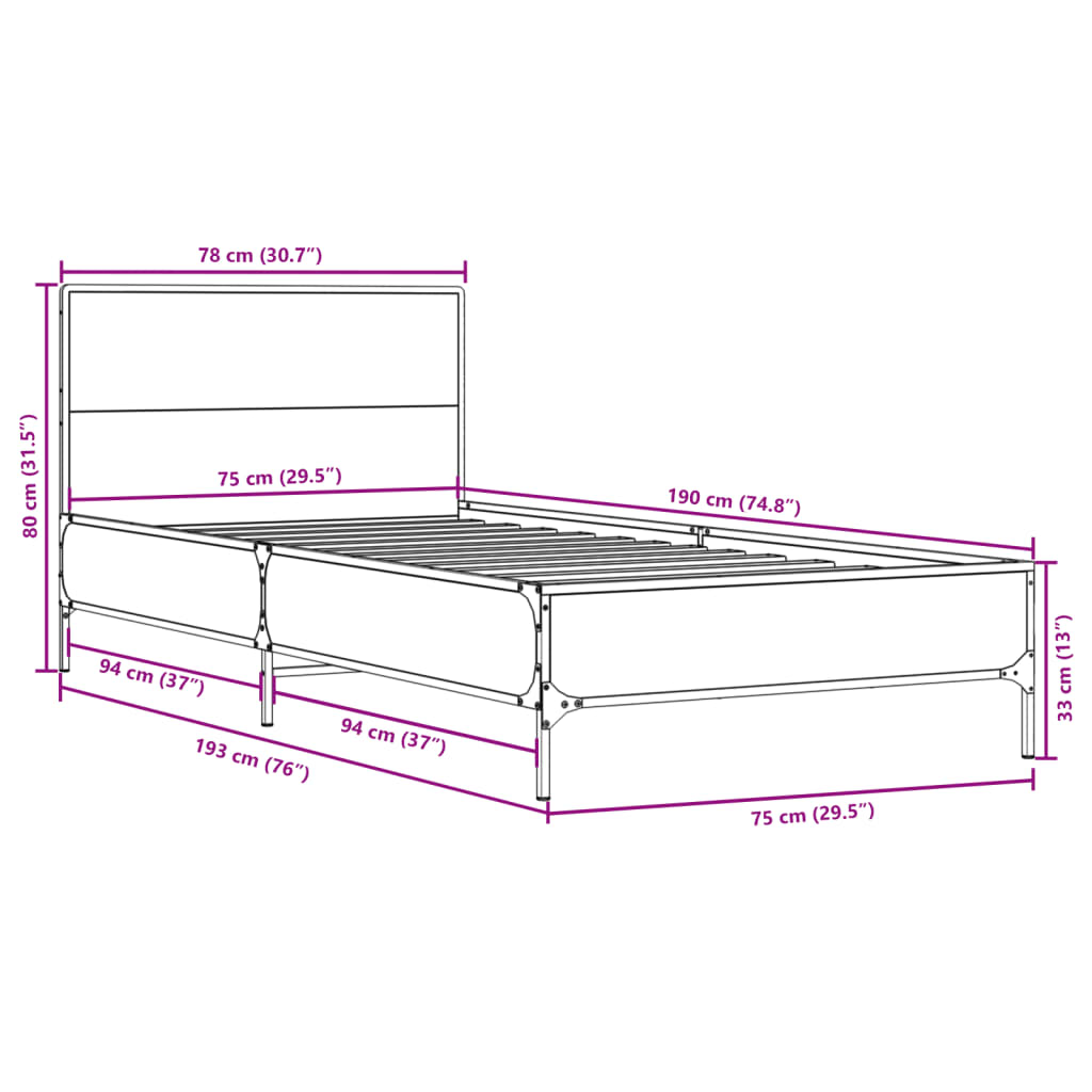 vidaXL Πλαίσιο Κρεβατιού Sonoma Δρυς 75 x 190 εκ. Επεξ. Ξύλο & Μέταλλο