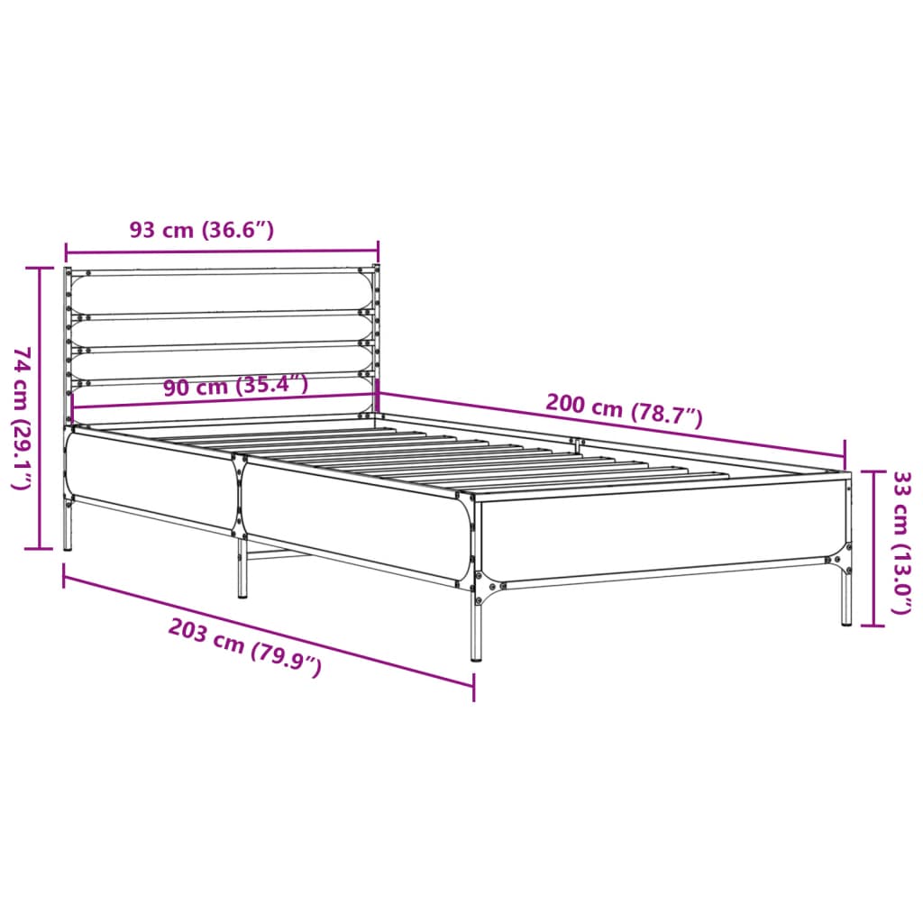 vidaXL Πλαίσιο Κρεβατιού Sonoma Δρυς 90x200 εκ. Επεξ. Ξύλο & Μέταλλο