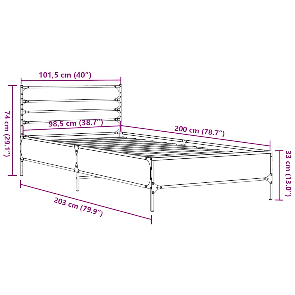 vidaXL Πλαίσιο Κρεβατιού Μαύρο 100x200 εκ. Επεξ. Ξύλο & Μέταλλο
