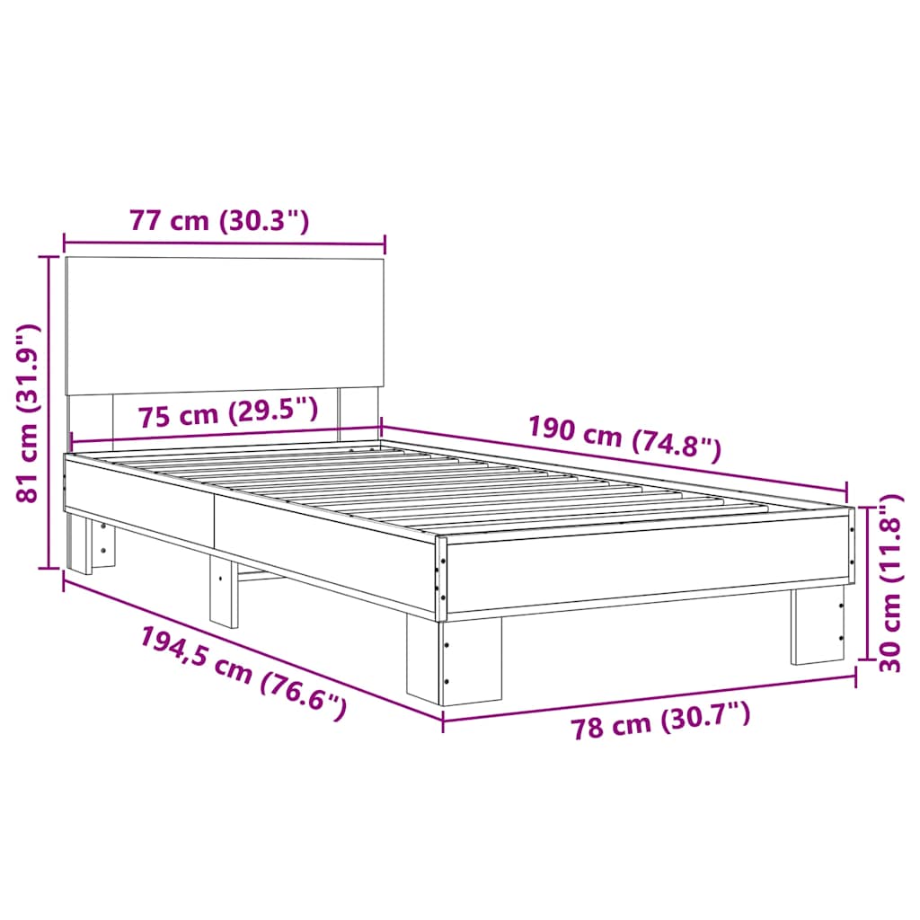 vidaXL Πλαίσιο Κρεβατιού Μαύρο 75 x 190 εκ. Επεξ. Ξύλο & Μέταλλο