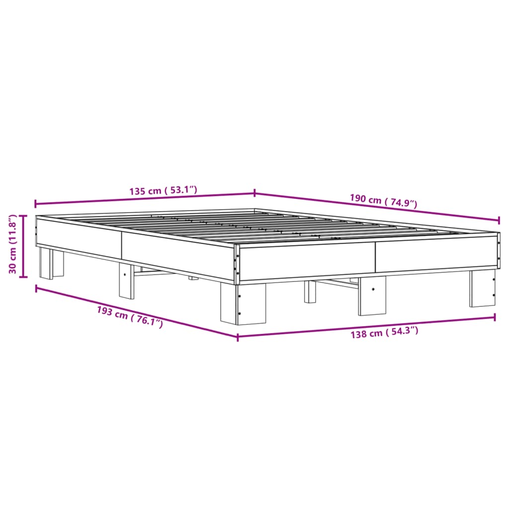 vidaXL Πλαίσιο Κρεβατιού Καφέ Δρυς 135x190 εκ. Επεξ. Ξύλο & Μέταλλο