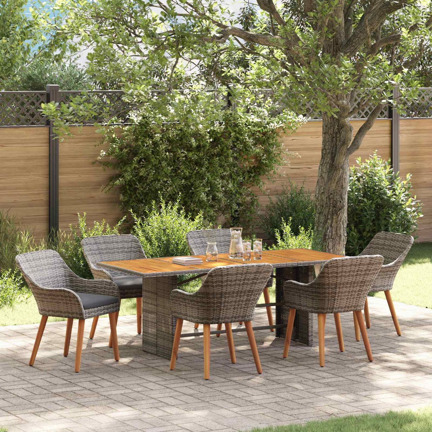 vidaXL Σέτ φαγητού για κήπο με μαξιλάρι 7 pcs Γκρι συνθετικό ρατάν