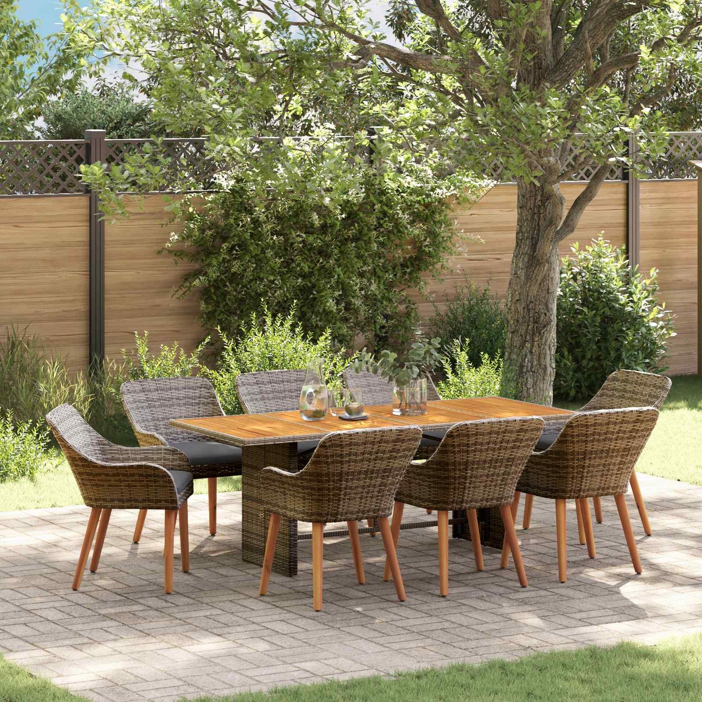 vidaXL Σέτ φαγητού για κήπο με μαξιλάρι 9 pcs Γκρι συνθετικό ρατάν