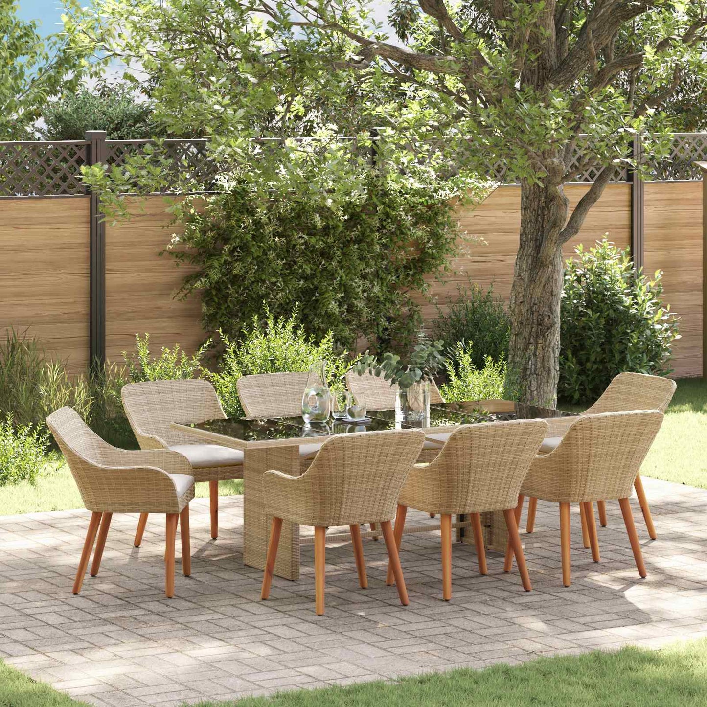 vidaXL Σέτ φαγητού για κήπο με μαξιλάρι 9 pcs Μπεζ συνθετικό ρατάν