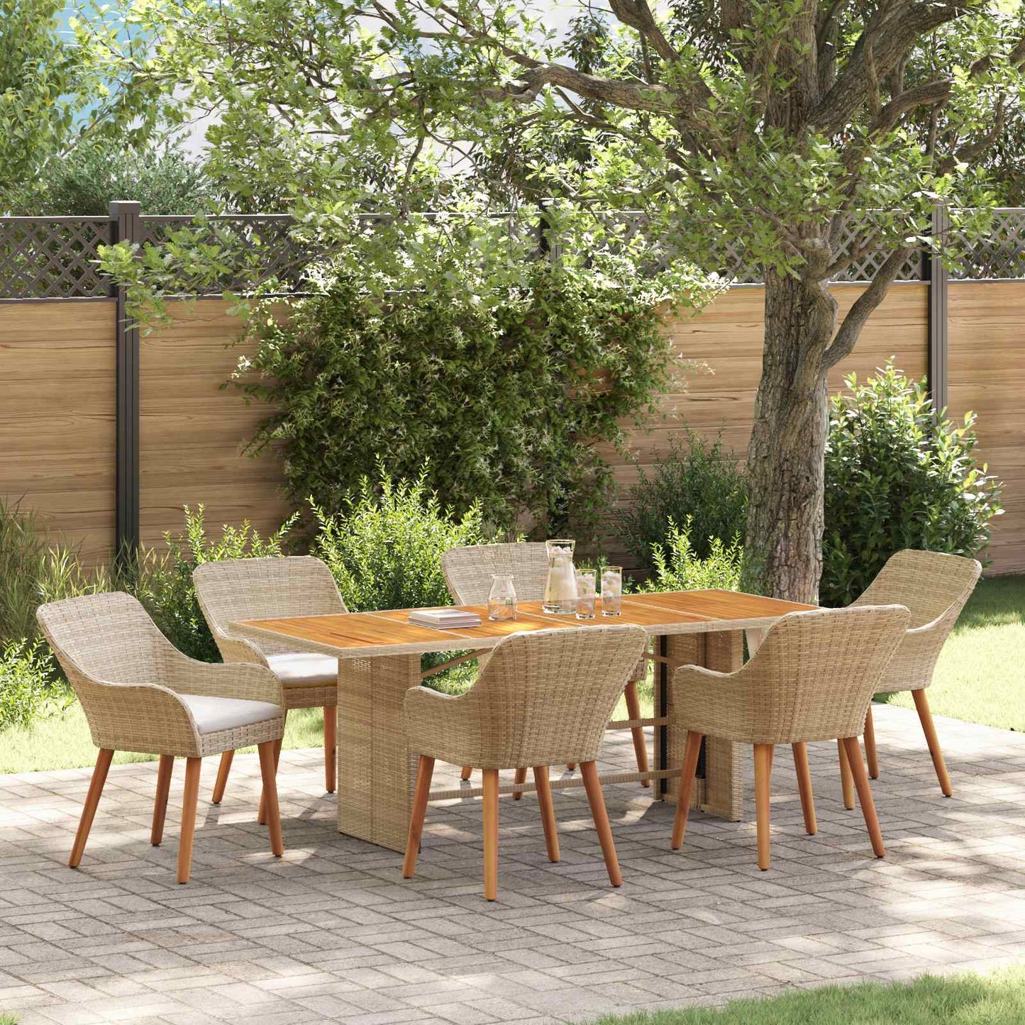 vidaXL Σέτ φαγητού για κήπο με μαξιλάρι 7 pcs Μπεζ συνθετικό ρατάν