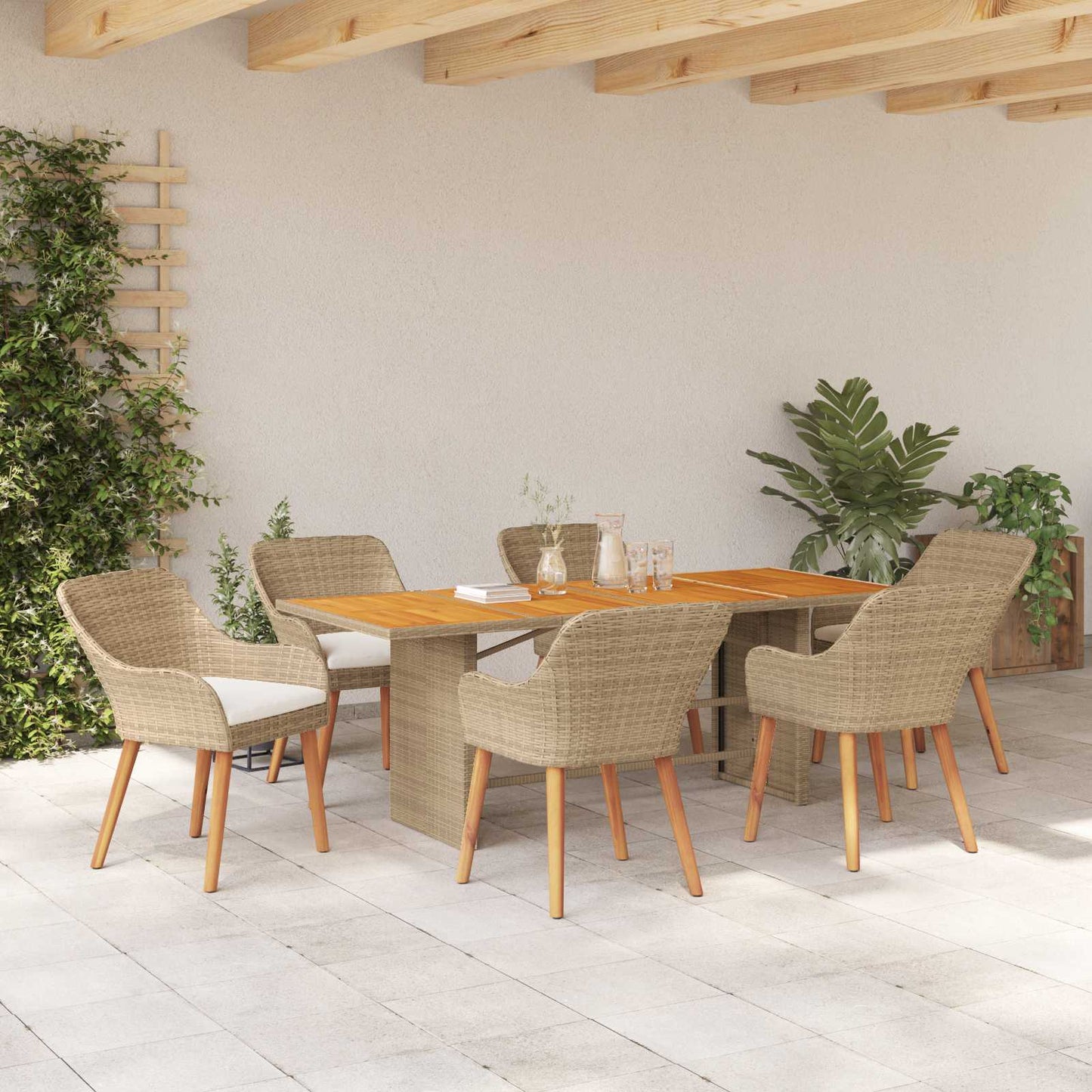 vidaXL Σέτ φαγητού για κήπο με μαξιλάρι 7 pcs Μπεζ συνθετικό ρατάν