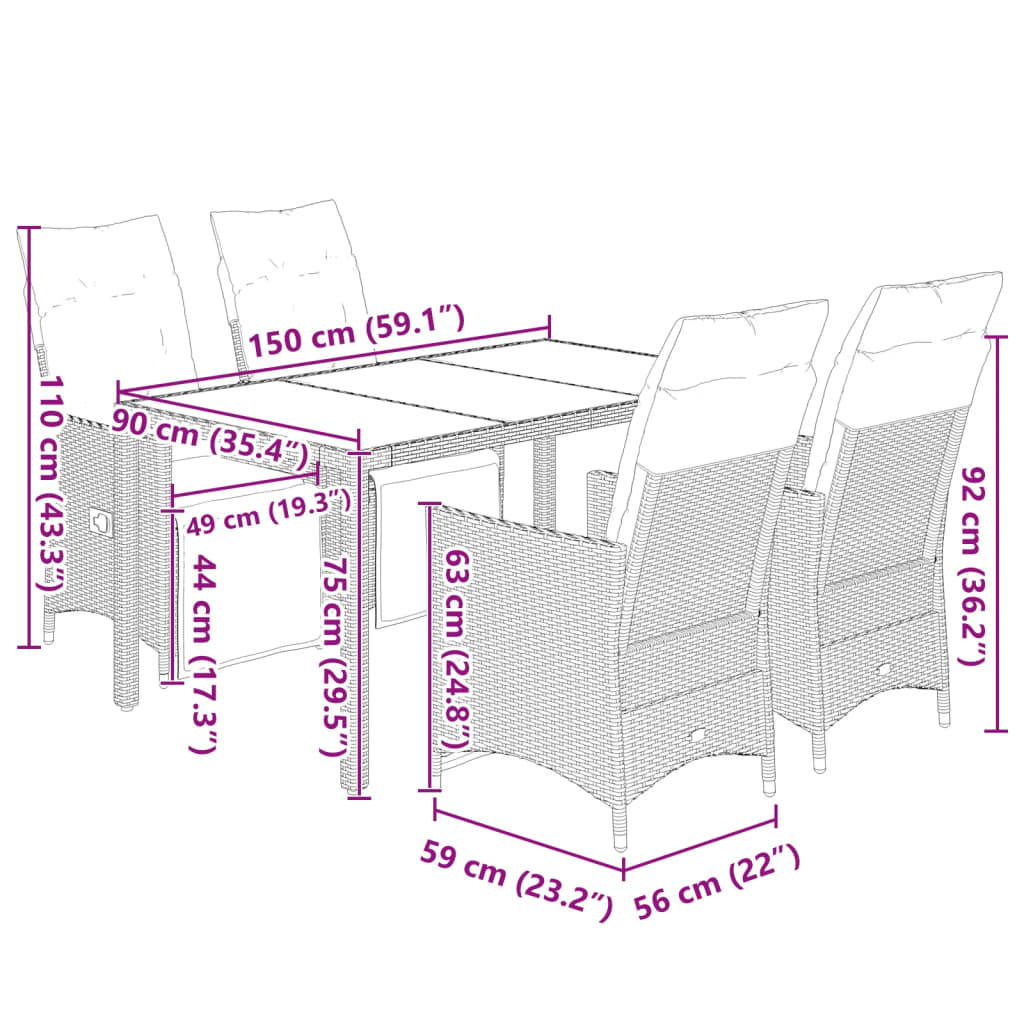 vidaXL Σετ Επίπλων Bistro Κήπου 5 τεμ. Γκρι Συνθετ. Ρατάν με Μαξιλάρια