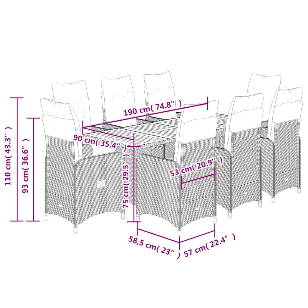 vidaXL Σετ Επίπλων Bistro Κήπου 9 τεμ Μαύρο Συνθετ. Ρατάν με Μαξιλάρια