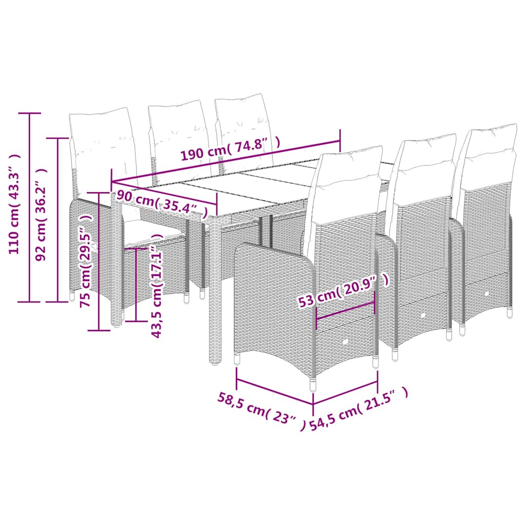 vidaXL Σετ Επίπλων Bistro Κήπου 7 τεμ Μαύρο Συνθετ. Ρατάν με Μαξιλάρια