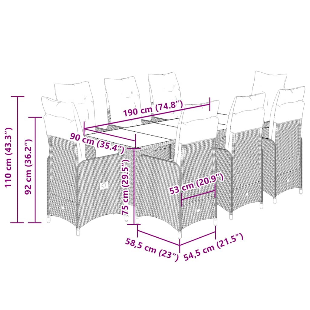 vidaXL Σετ Επίπλων Bistro Κήπου 9 τεμ Μαύρο Συνθετ. Ρατάν με Μαξιλάρια