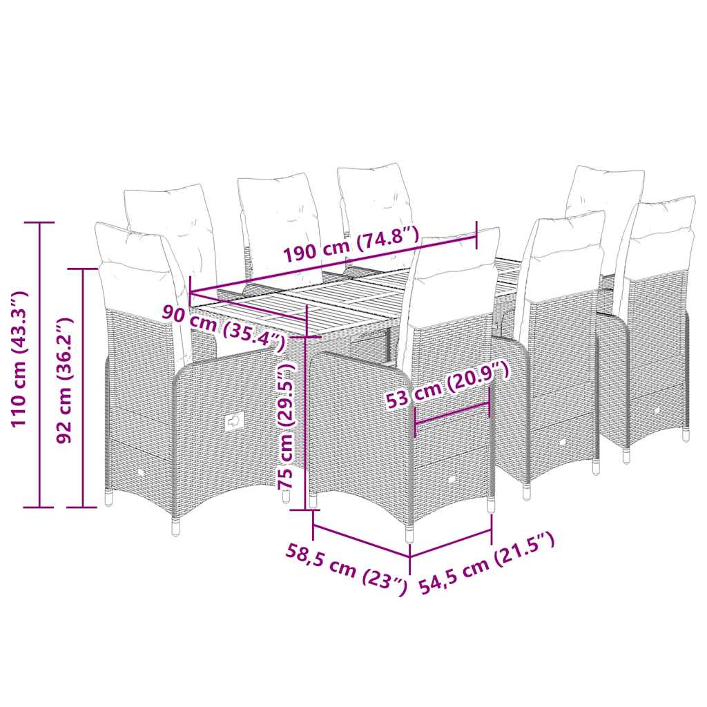 vidaXL Σετ Επίπλων Bistro Κήπου 9 τεμ. Γκρι Συνθετ. Ρατάν με Μαξιλάρια
