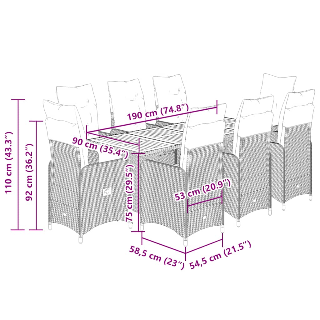 vidaXL Σετ Επίπλων Bistro Κήπου 9 τεμ. Γκρι Συνθετ. Ρατάν με Μαξιλάρια