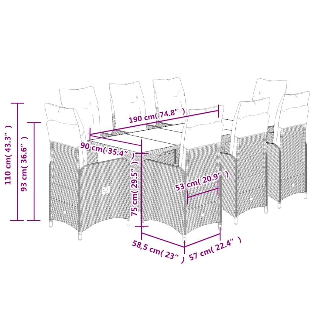 vidaXL Σετ Επίπλων Μπιστρό Κήπου 9 τεμ. Καφέ Συνθ. Ρατάν με Μαξιλάρια