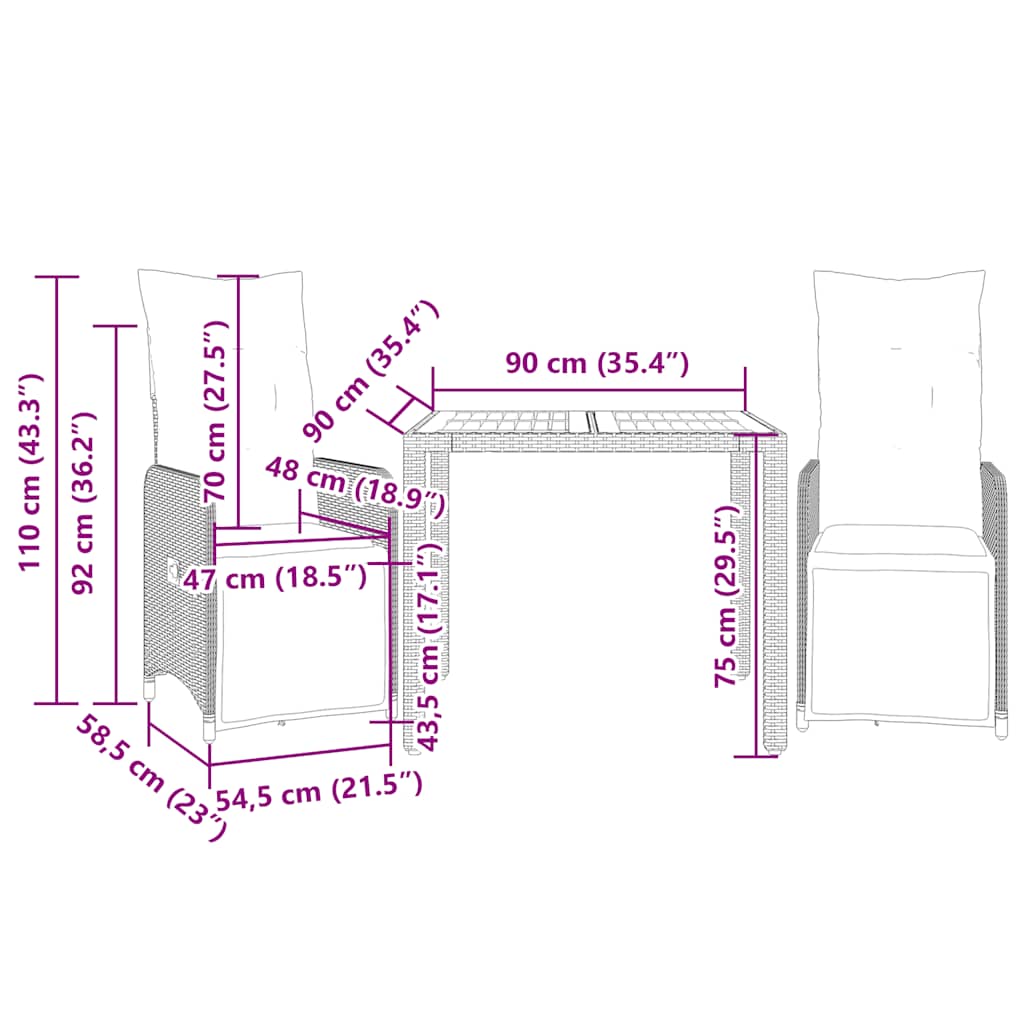 vidaXL Σετ Επίπλων Bistro Κήπου 3 τεμ Μαύρο Συνθετ. Ρατάν με Μαξιλάρια