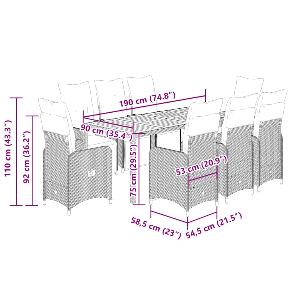 vidaXL Σετ Επίπλων Bistro Κήπου 9 τεμ Μαύρο Συνθετ. Ρατάν με Μαξιλάρια