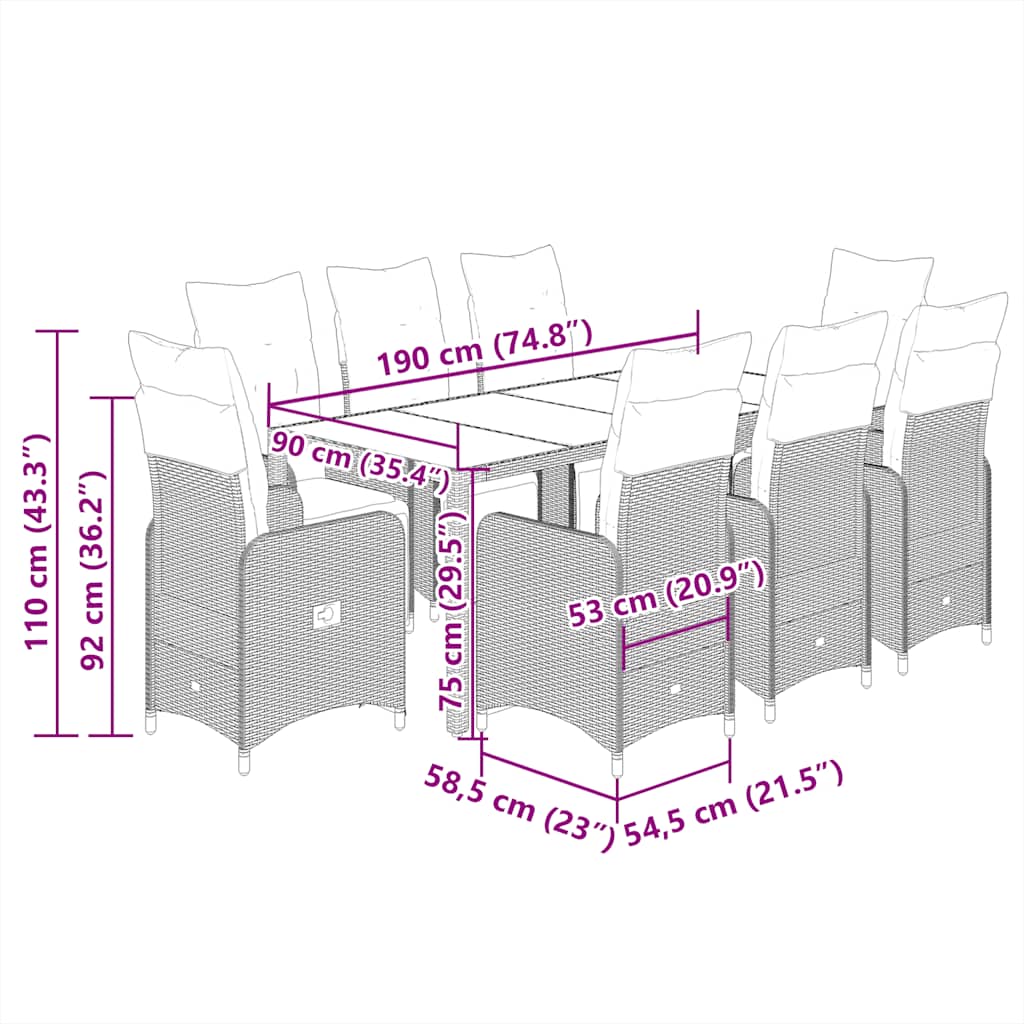 vidaXL Σετ Επίπλων Bistro Κήπου 9 τεμ Μαύρο Συνθετ. Ρατάν με Μαξιλάρια