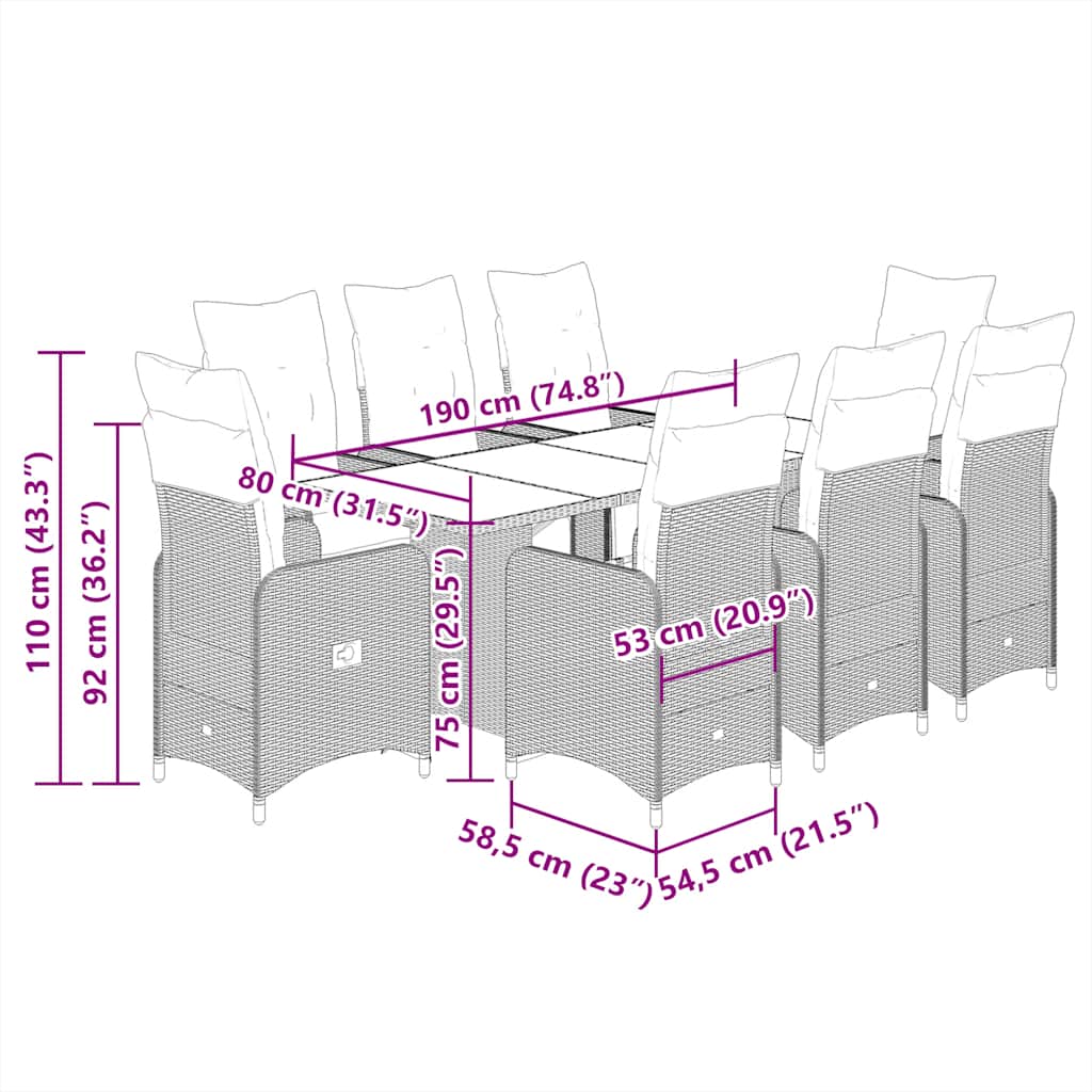 vidaXL Σετ Επίπλων Bistro Κήπου 9 τεμ Μαύρο Συνθετ. Ρατάν με Μαξιλάρια