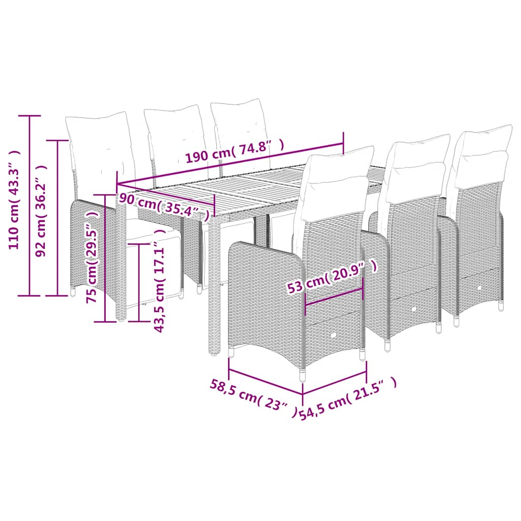 vidaXL Σετ Επίπλων Bistro Κήπου 7 τεμ. Γκρι Συνθετ. Ρατάν με Μαξιλάρια