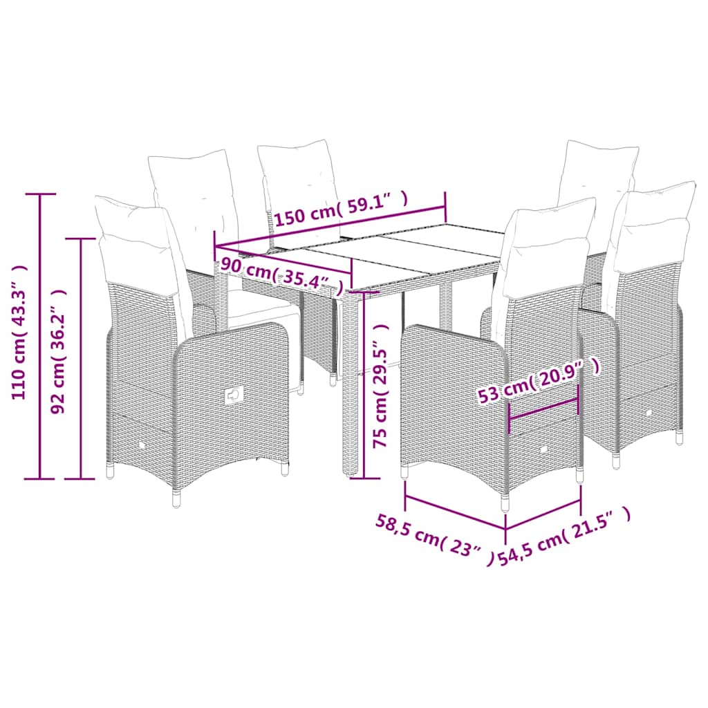 vidaXL Σετ Επίπλων Bistro Κήπου 7 τεμ. Γκρι Συνθετ. Ρατάν με Μαξιλάρια