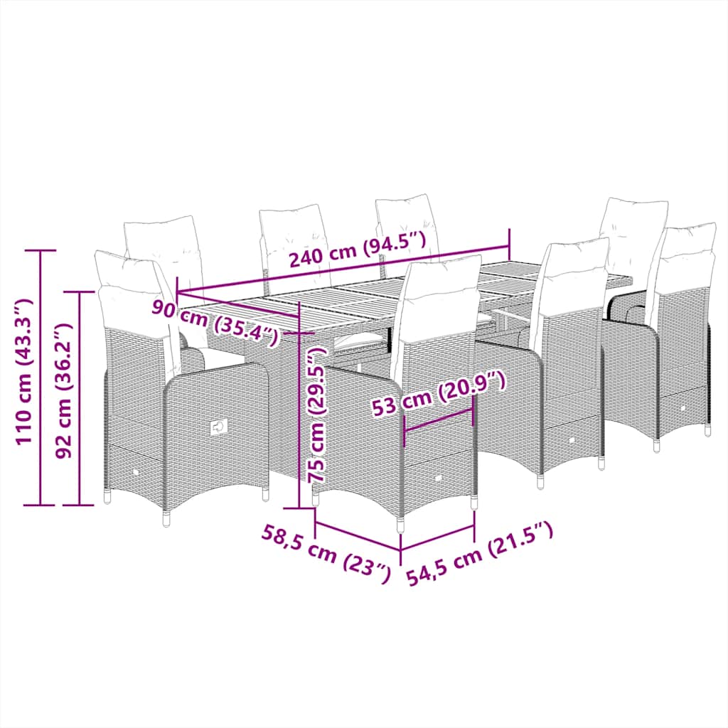 vidaXL Σετ Επίπλων Bistro Κήπου 9 τεμ Μαύρο Συνθετ. Ρατάν με Μαξιλάρια