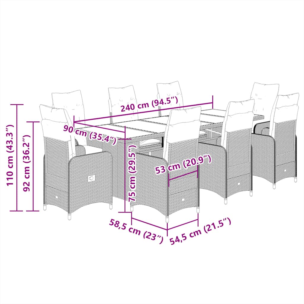 vidaXL Σετ Επίπλων Bistro Κήπου 9 τεμ. Γκρι Συνθετ. Ρατάν με Μαξιλάρια