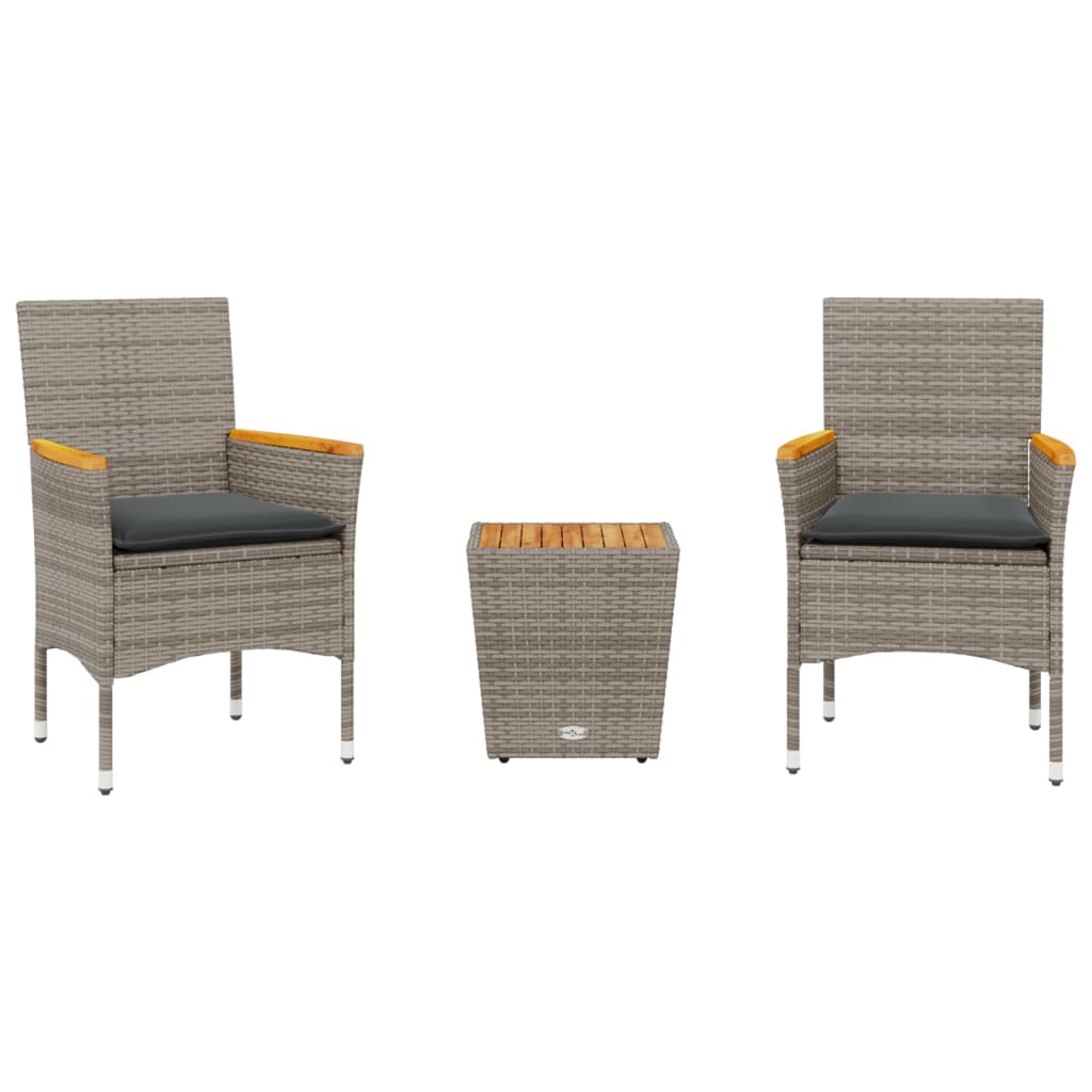 vidaXL Σετ Επίπλων Bistro 3τεμ Γκρι Συνθετικό Ρατάν/Γυαλί με Μαξιλάρια