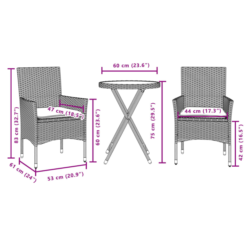 vidaXL Σετ Επίπλων Bistro 3 τεμ. Μαύρο Συνθ. Ρατάν/Γυαλί με Μαξιλάρια