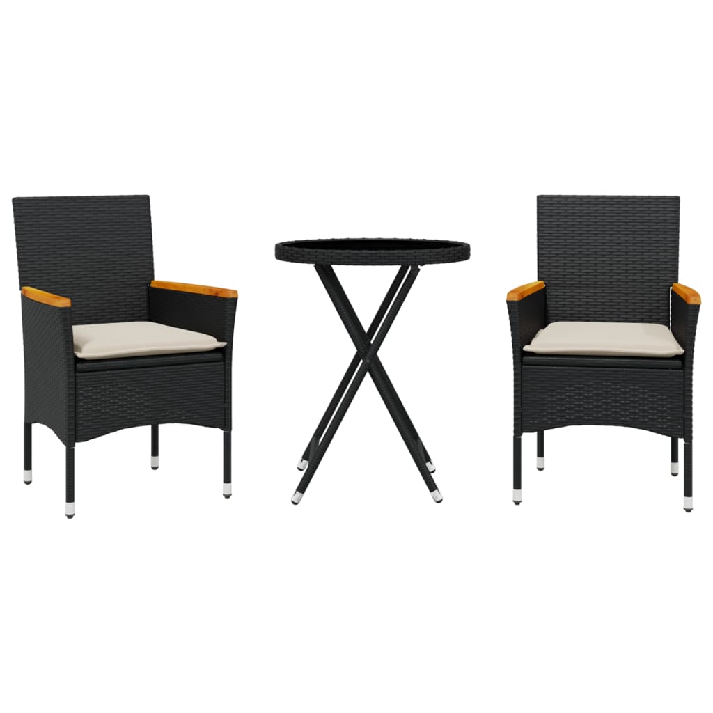 vidaXL Σετ Επίπλων Bistro 3 τεμ. Μαύρο Συνθ. Ρατάν/Γυαλί με Μαξιλάρια