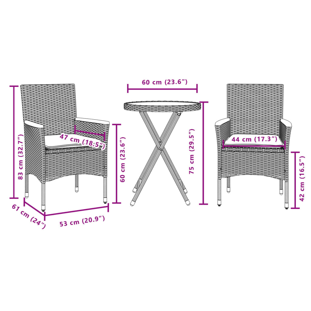 vidaXL Σετ Επίπλων Bistro 3 τεμ. Μαύρο Συνθ. Ρατάν/Γυαλί με Μαξιλάρια