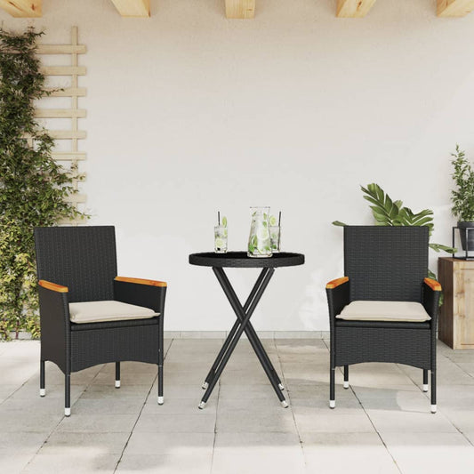 vidaXL Σετ Επίπλων Bistro 3 τεμ. Μαύρο Συνθ. Ρατάν/Γυαλί με Μαξιλάρια