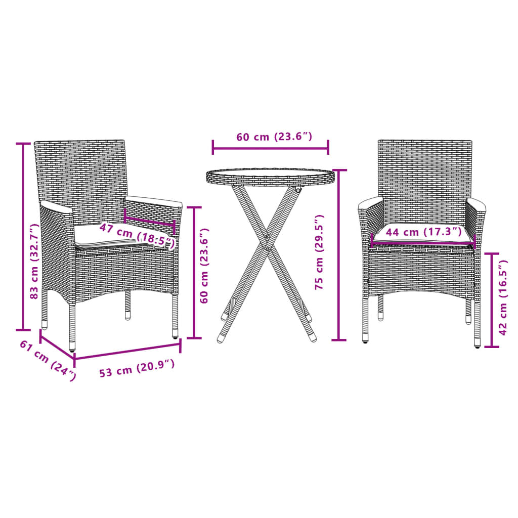 vidaXL Σετ Επίπλων Bistro 3τεμ. Γκρι Συνθ. Ρατάν/Ακακία + Μαξιλάρια