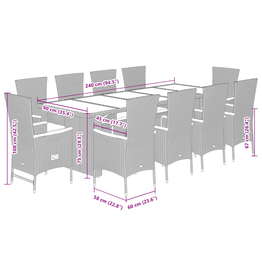 vidaXL Σετ Τραπεζαρίας Κήπου 11 τεμ Μαύρο από Συνθ. Ρατάν με Μαξιλάρια