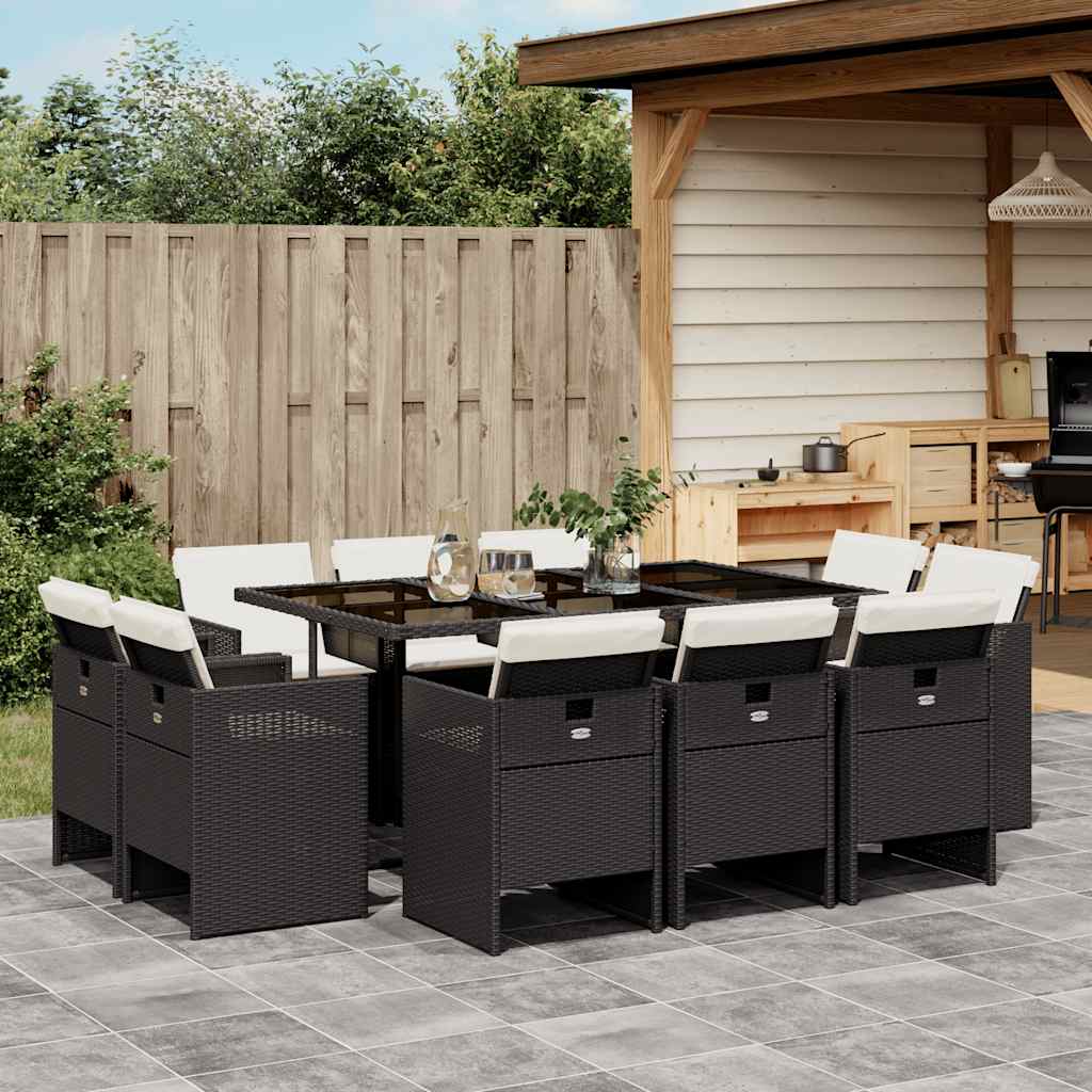 vidaXL Σετ Τραπεζαρίας Κήπου 11 τεμ Μαύρο από Συνθ. Ρατάν με Μαξιλάρια