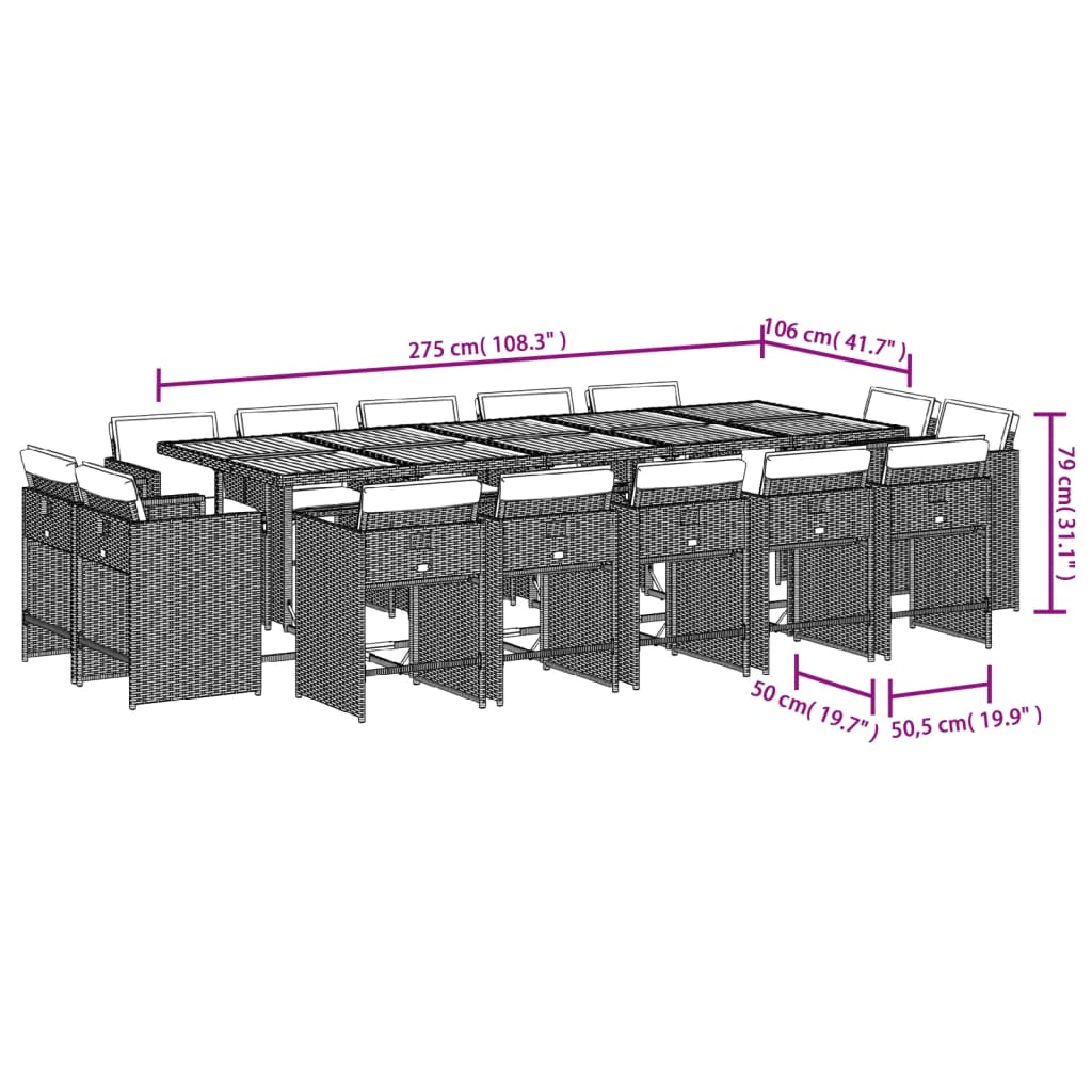 vidaXL Σετ Τραπεζαρίας Κήπου 15 τεμ. Γκρι Συνθετικό Ρατάν με Μαξιλάρια
