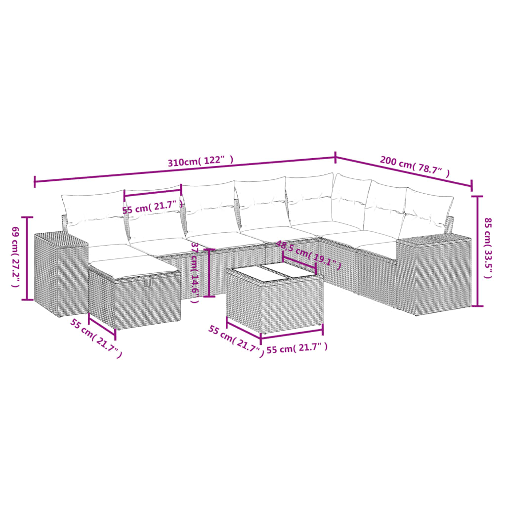 vidaXL Σαλόνι Κήπου Σετ 9 τεμ. Μπεζ Συνθετικό Ρατάν με Μαξιλάρια