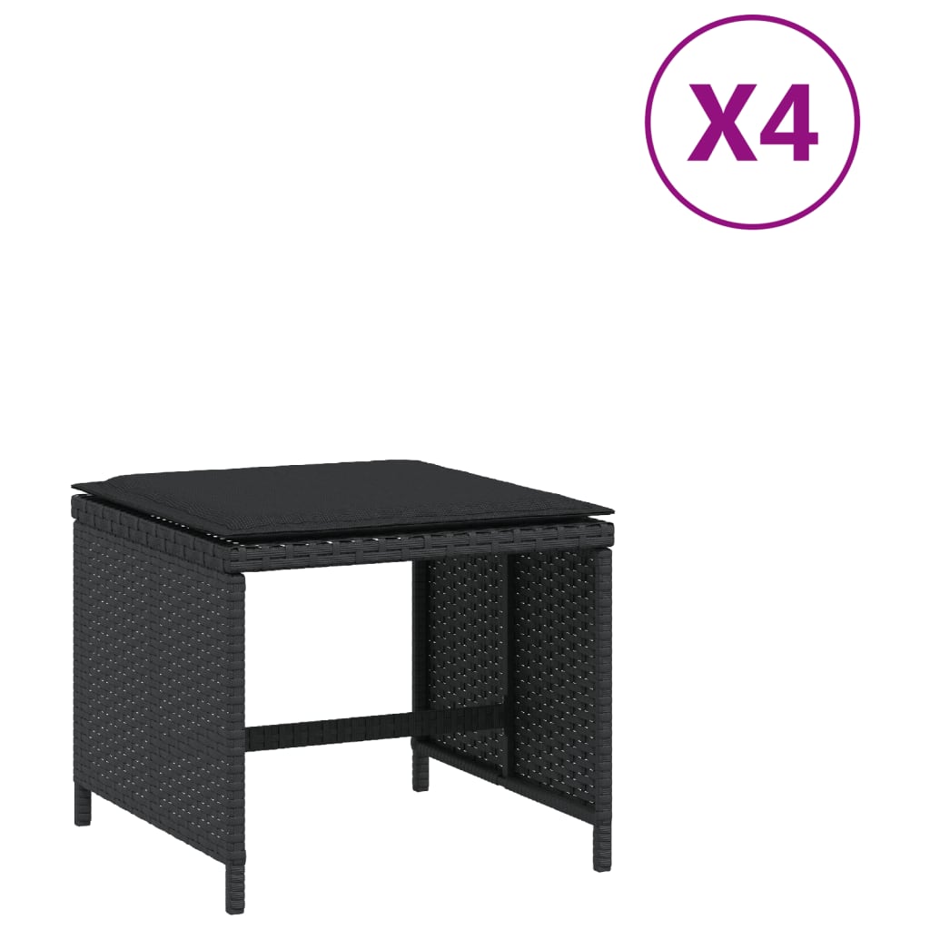 vidaXL Σκαμπό Κήπου 4 τεμ. Μαύρα 40x40x35 Συνθετικό Ρατάν με Μαξιλάρια