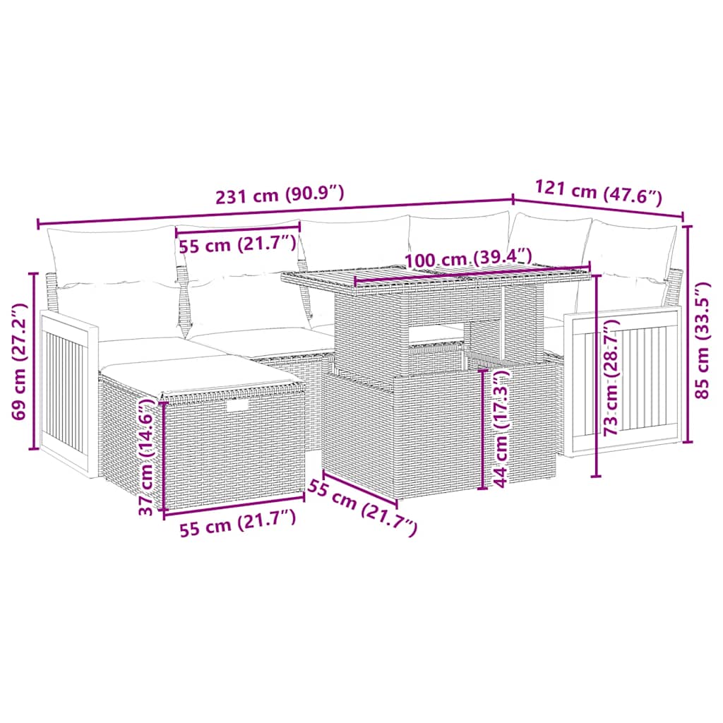 vidaXL Σαλόνι Κήπου Σετ 7 τεμ. Μπεζ Συνθετικό Ρατάν με Μαξιλάρια