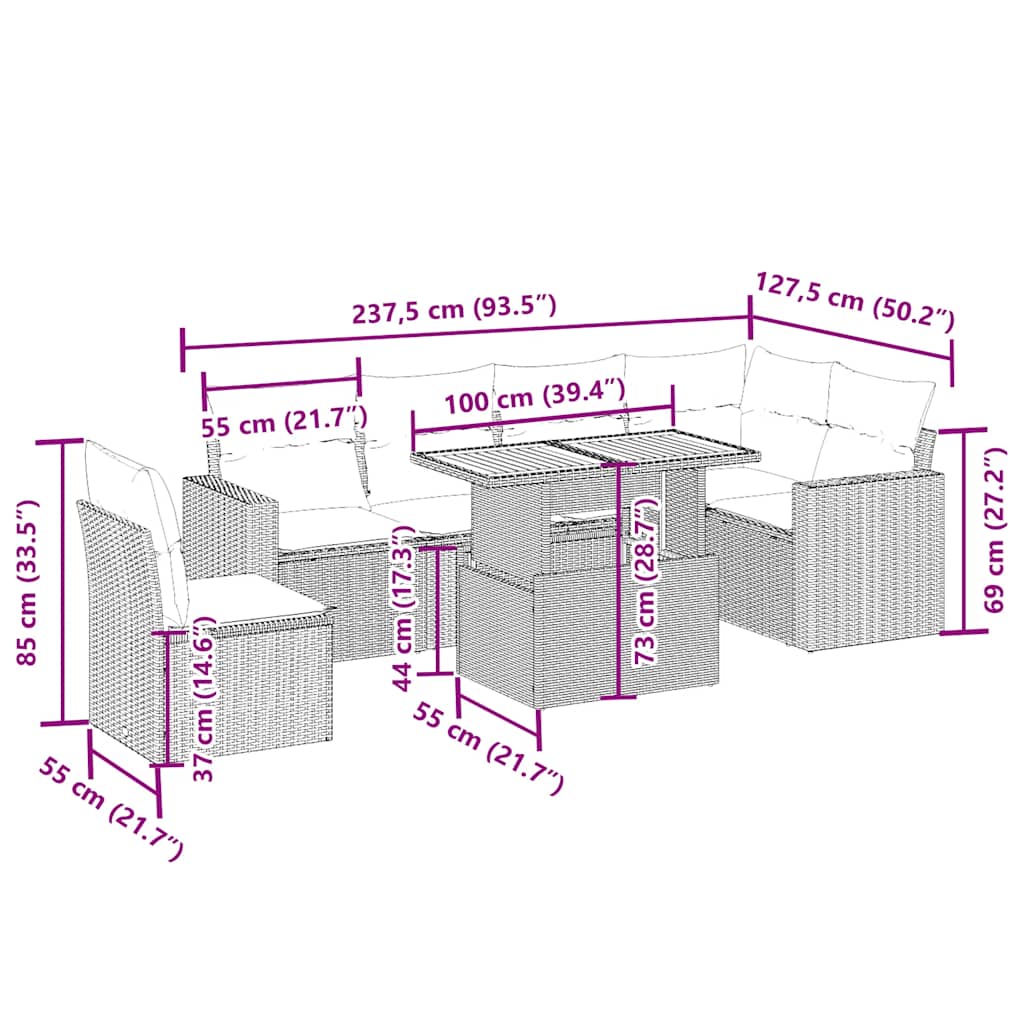 vidaXL Σαλόνι Κήπου Σετ 7 τεμ. Μπεζ Συνθετικό Ρατάν με Μαξιλάρια