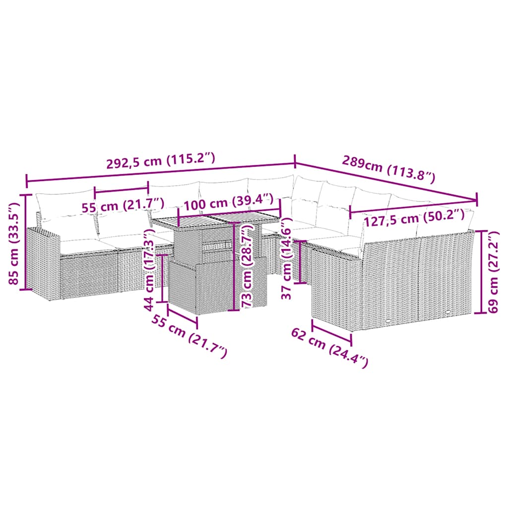 vidaXL Σαλόνι Κήπου Σετ 11 τεμ. Μπεζ Συνθετικό Ρατάν με Μαξιλάρια