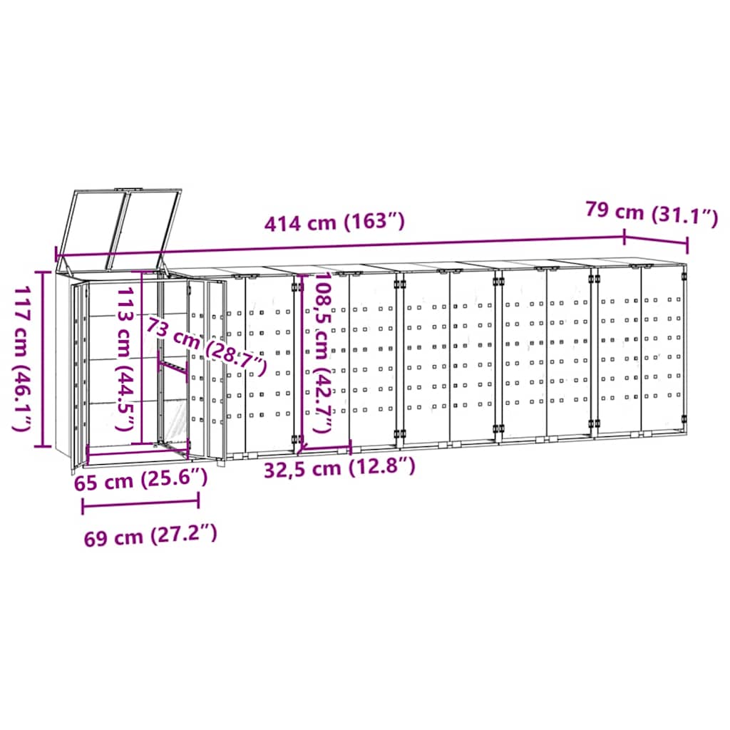 vidaXL Πλαίσιο Κάδων Απορριμμάτων 6 Κάδοι Μαύρο 414x79x117 εκ. Ατσάλι