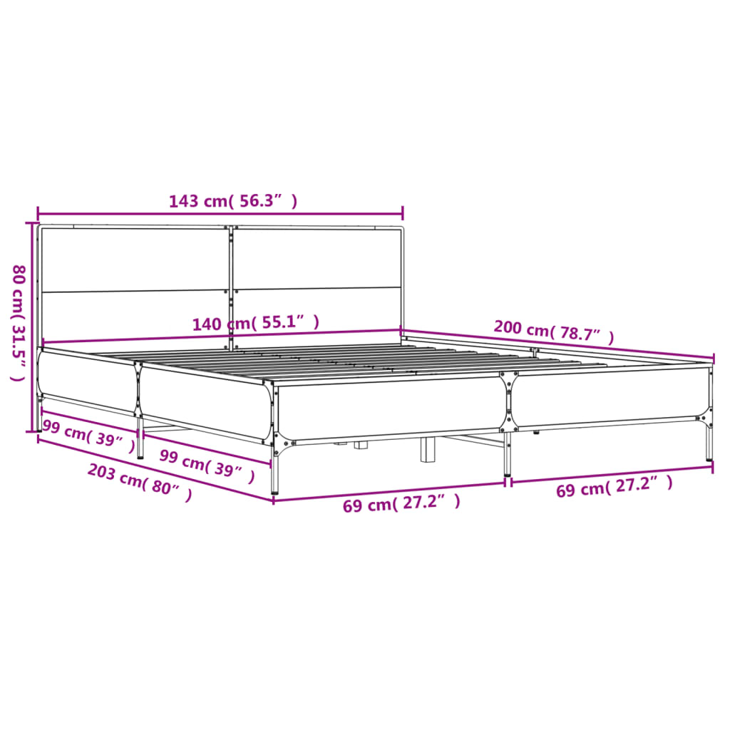 vidaXL Πλαίσιο Κρεβατιού Sonoma Δρυς 140x200 εκ. Επεξ. Ξύλο & Μέταλλο
