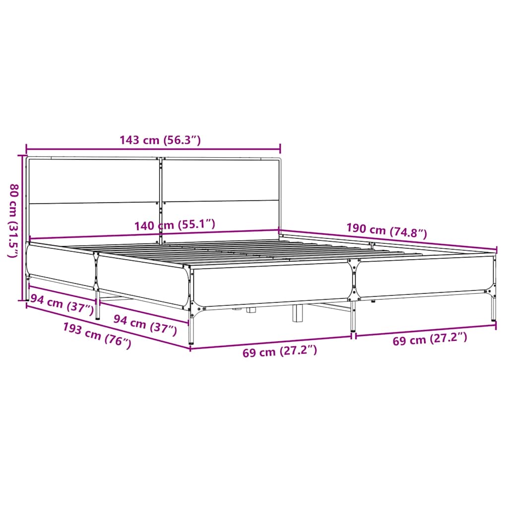 vidaXL Πλαίσιο Κρεβατιού Sonoma Δρυς 140x190 εκ. Επεξ. Ξύλο & Μέταλλο