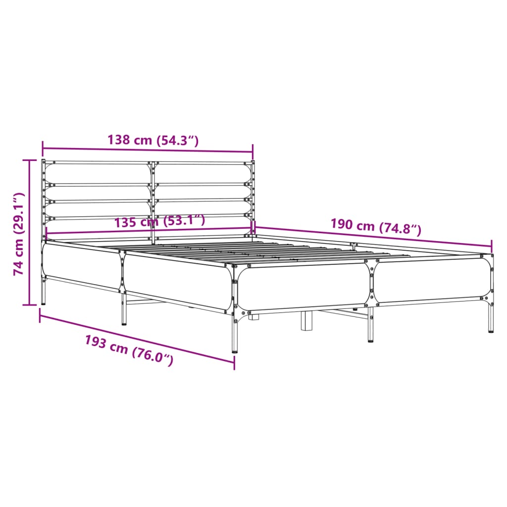 vidaXL Πλαίσιο Κρεβατιού Μαύρο 135x190 εκ. Επεξ. Ξύλο & Μέταλλο