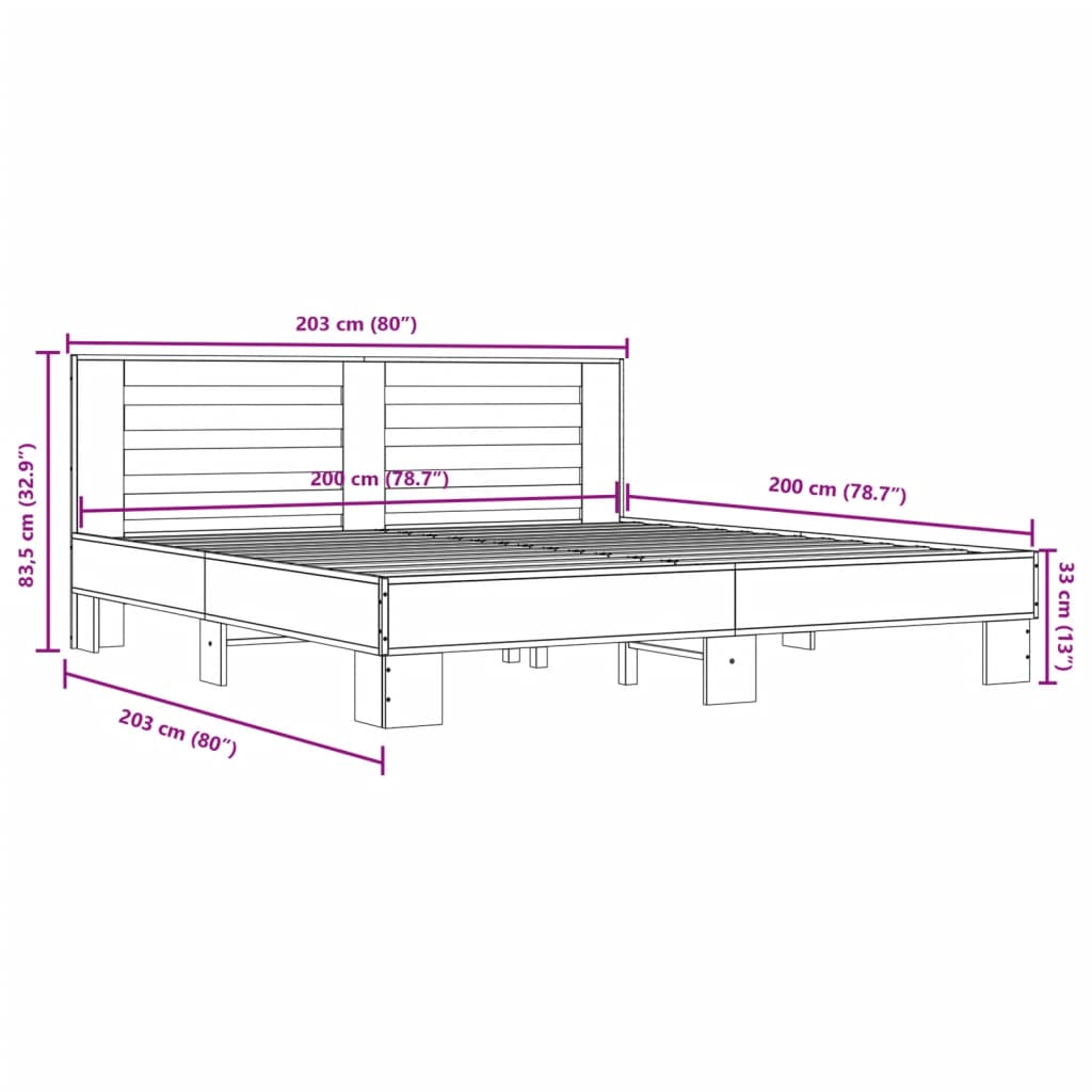 vidaXL Πλαίσιο Κρεβατιού Γκρι Sonoma 200x200 εκ. Επεξ. Ξύλο & Μέταλλο