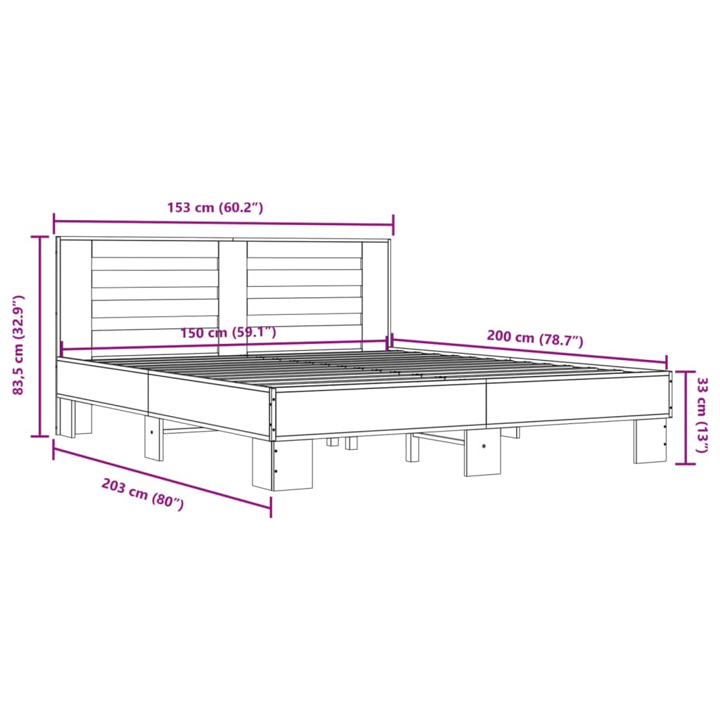 vidaXL Πλαίσιο Κρεβατιού Γκρι Sonoma 150x200 εκ. Επεξ. Ξύλο & Μέταλλο
