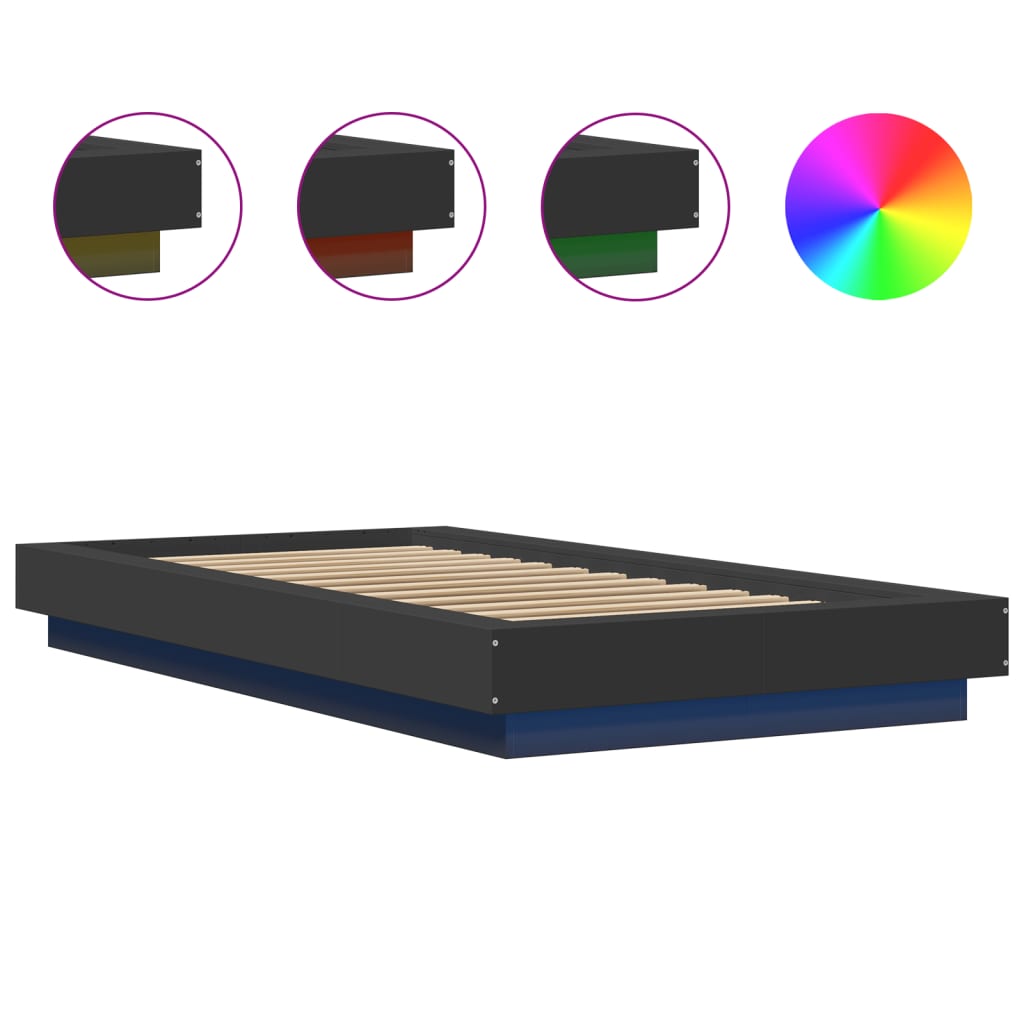 vidaXL Πλαίσιο Κρεβατιού με LED Μαύρο 90x200 εκ. Επεξεργ. Ξύλο