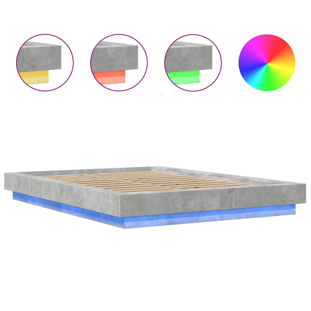 vidaXL Πλαίσιο Κρεβατιού με Φώτα LED Γκρι Σκυρ. 135x190 εκ. Επεξ. Ξύλο